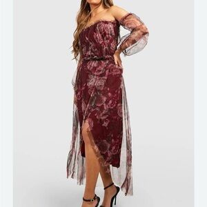 Boohoo Burgundy Floral Long Sleeve Dress